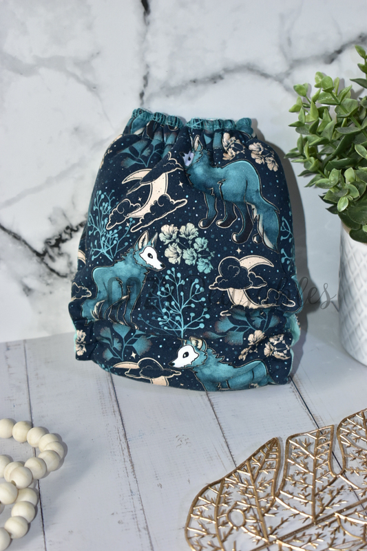 "Moonlit Meadow" Cozy Caboose Snapless Fitted Cloth Diaper • 3 Piece System • Fold Down Rise • Cotton Spandex Outer, Organic Cotton Velour Inner, Hemp Core