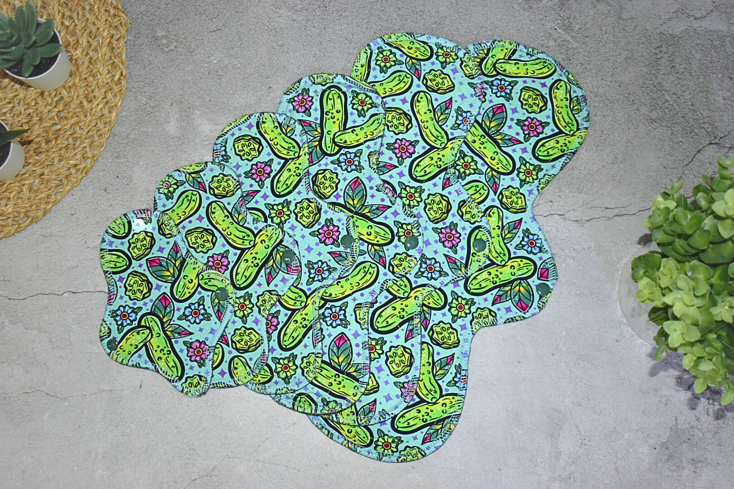 "Traditional Pickles" Basic shaped Serged Cloth Pad •  Cotton Spandex Topper • Wavy Stitched Core