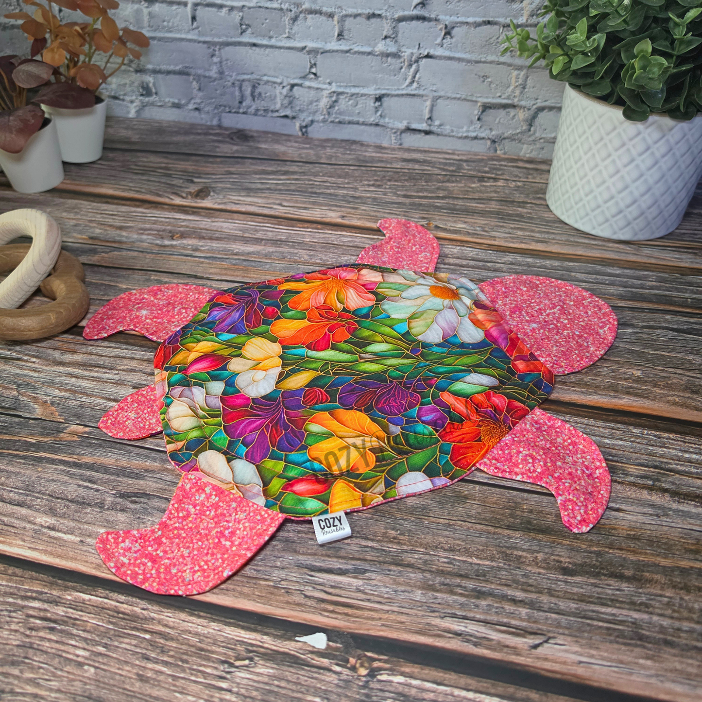 "Stained Glass Sparkle" Reusable Floor Turtle • Cotton & Zorb Spill Mat • Reversible Pattern
