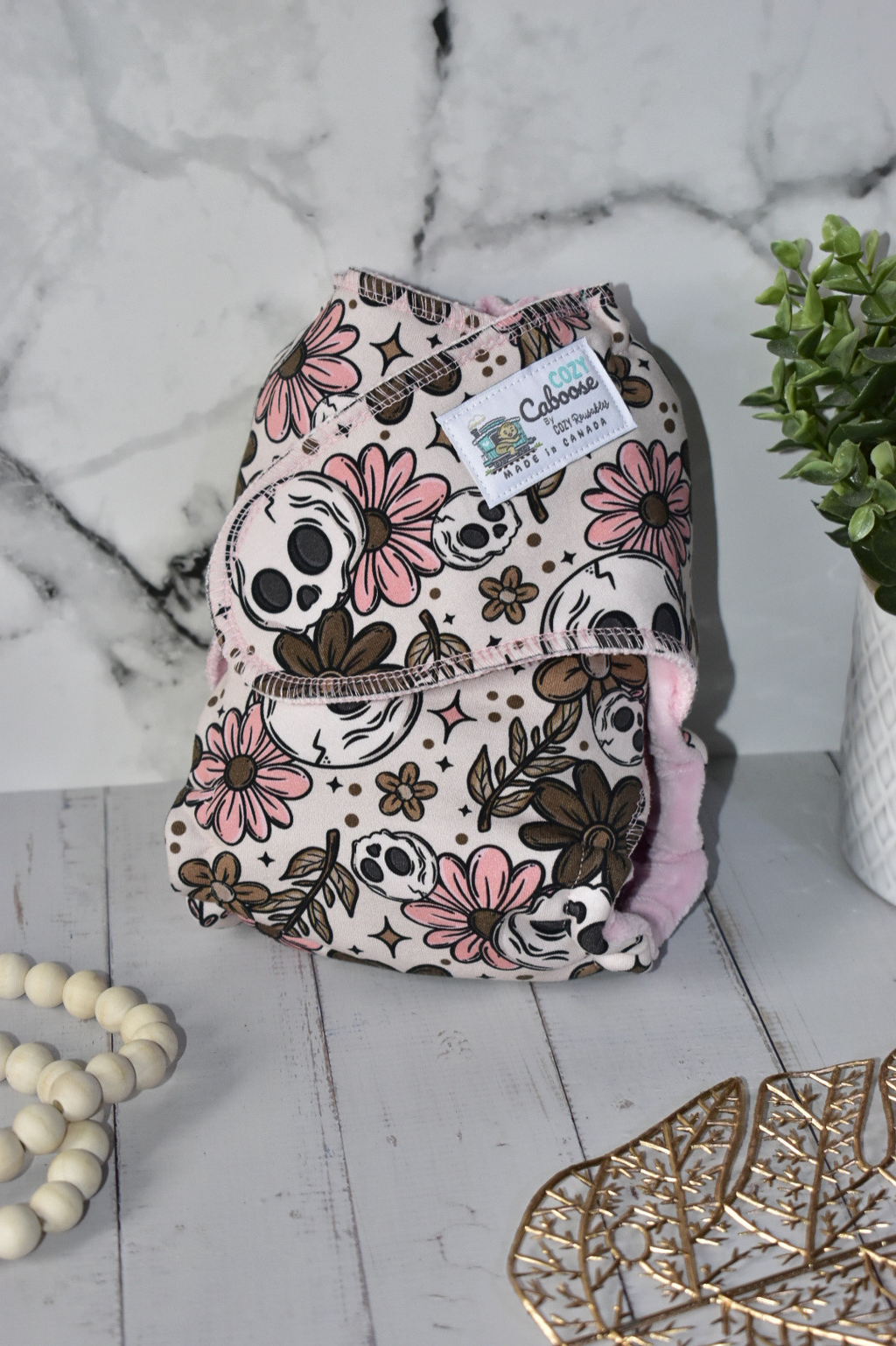 "Blush & Bones" *Larger Fit* Option • Cozy Caboose Snapless Fitted Cloth Diaper • 3 Piece System • Fold Down Rise • Cotton Spandex Outer, Organic Cotton Velour Inner, Hemp Core