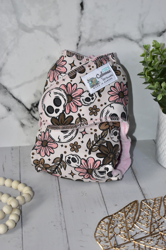 "Blush & Bones" *Larger Fit* Option • Cozy Caboose Snapless Fitted Cloth Diaper • 3 Piece System • Fold Down Rise • Cotton Spandex Outer, Organic Cotton Velour Inner, Hemp Core