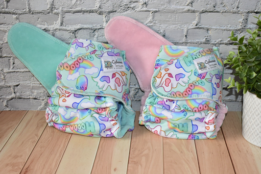 "Boo Cows" Cozy Caboose Snapless Fitted Cloth Diaper • 3 Piece System • Fold Down Rise • Cotton Spandex Outer, Organic Cotton Velour Inner, Hemp Core