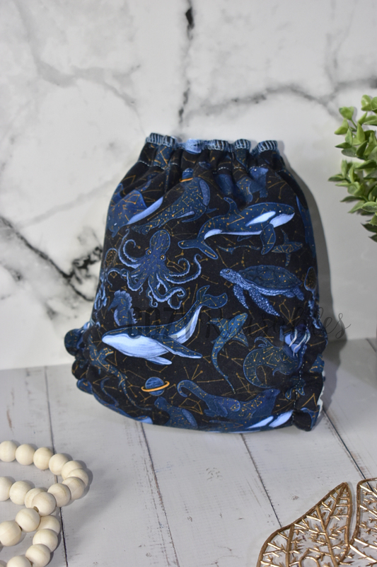 "Celestial Depths" Cozy Caboose Snapless Fitted Cloth Diaper • 3 Piece System • Fold Down Rise • Cotton Spandex Outer, Organic Cotton Velour Inner, Hemp Core