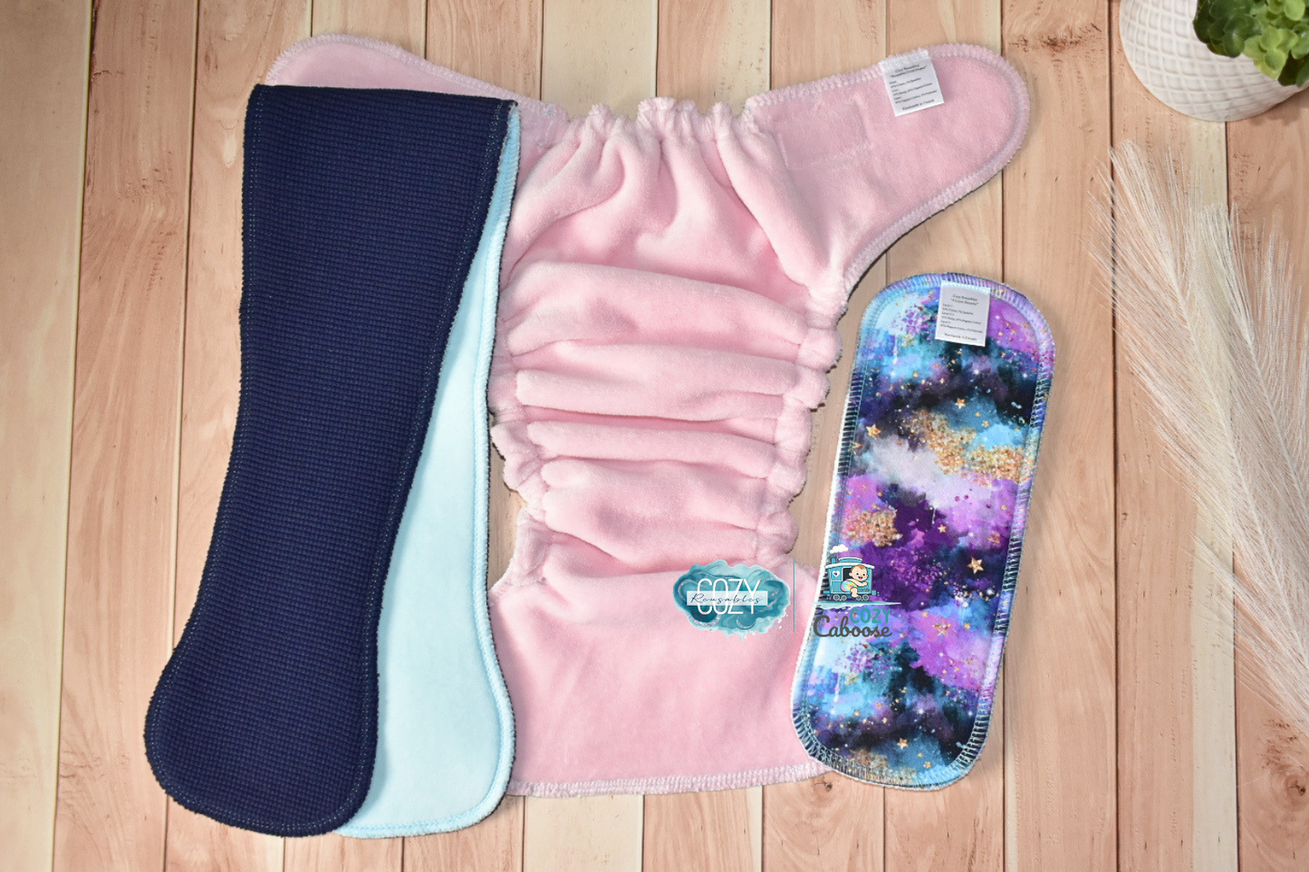 "Cosmic Nebula" Cozy Caboose Snapless Fitted Cloth Diaper • 3 Piece System • Fold Down Rise • Cotton Spandex Outer, Organic Cotton Velour Inner, Hemp Core