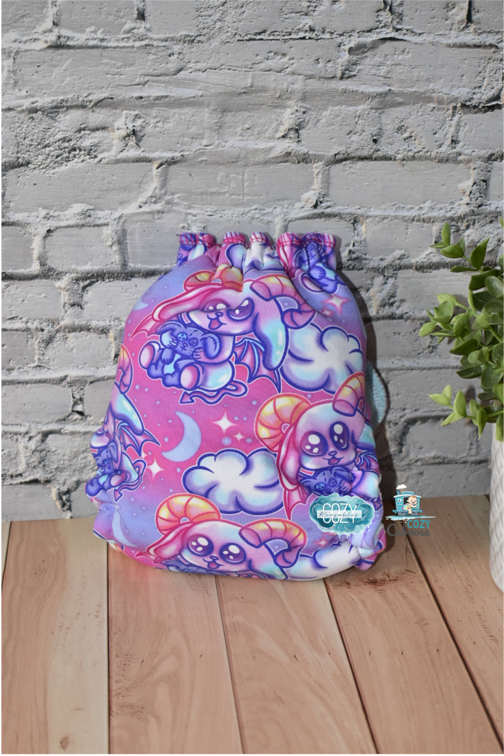 "Ultraviolet Baphomets" Cozy Caboose Snapless Fitted Cloth Diaper • 3 Piece System • Fold Down Rise • Cotton Spandex Outer, Organic Cotton Velour Inner, Hemp Core