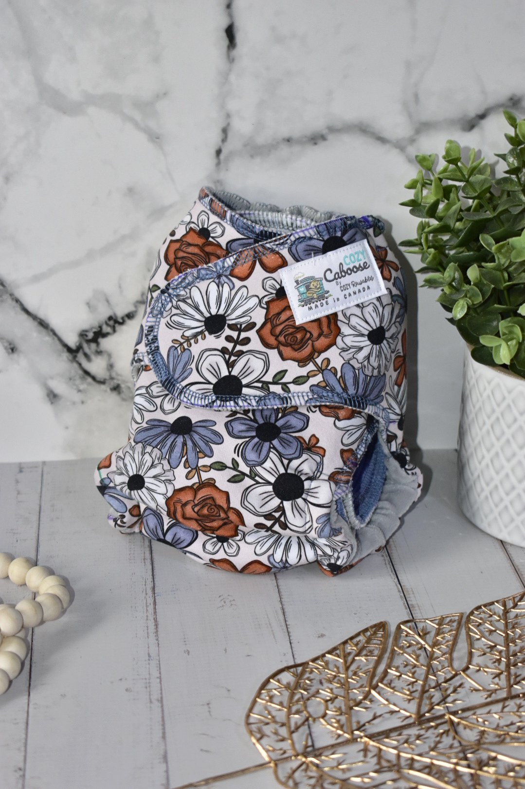 "Bronze Bloom" *Larger Fit* Option • Cozy Caboose Snapless Fitted Cloth Diaper • 3 Piece System • Fold Down Rise • Cotton Spandex Outer, Organic Cotton Velour Inner, Hemp Core