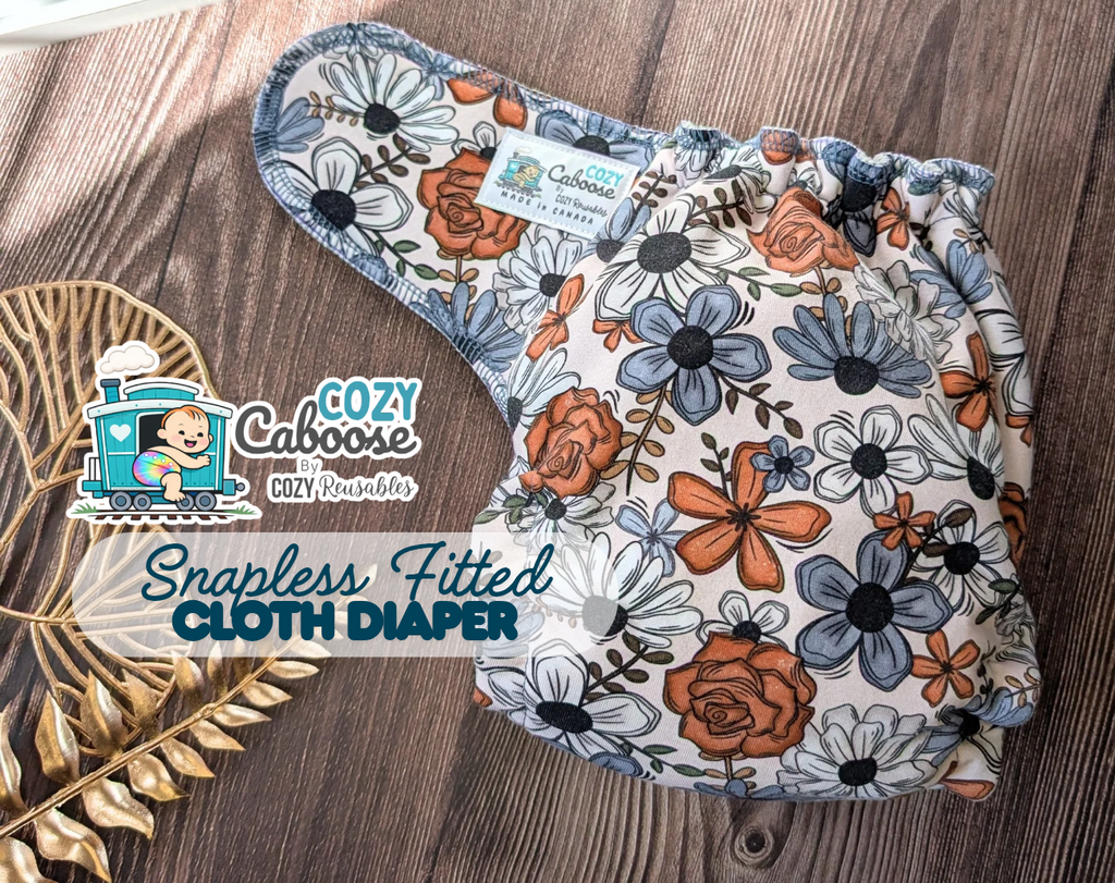 "Boo Cows" Cozy Caboose Snapless Fitted Cloth Diaper • 3 Piece System • Fold Down Rise • Cotton Spandex Outer, Organic Cotton Velour Inner, Hemp Core