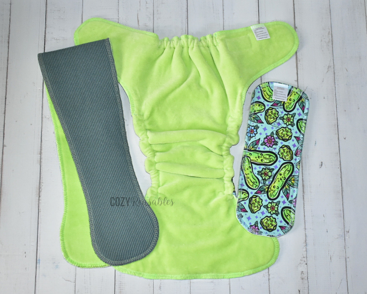 "Traditional Pickles" *Larger Fit* Cozy Caboose Snapless Fitted Cloth Diaper • 3 Piece System • Fold Down Rise • Cotton Spandex Outer, Organic Cotton Velour Inner, Hemp Core