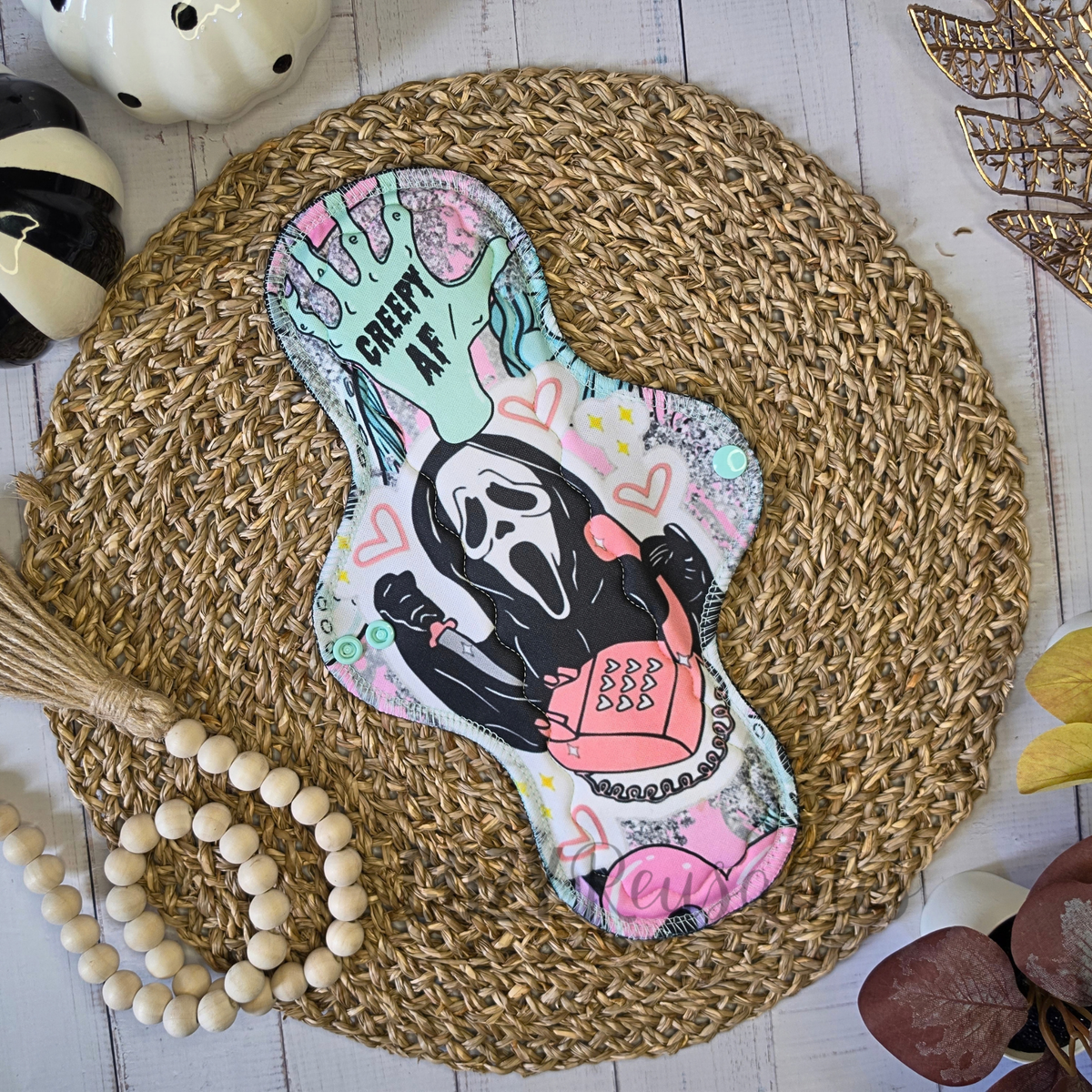"Fright Night" Serged Cloth Pad •  *CHOOSE Your Print Placement!* Pique Topper • Wavy Stitched Core