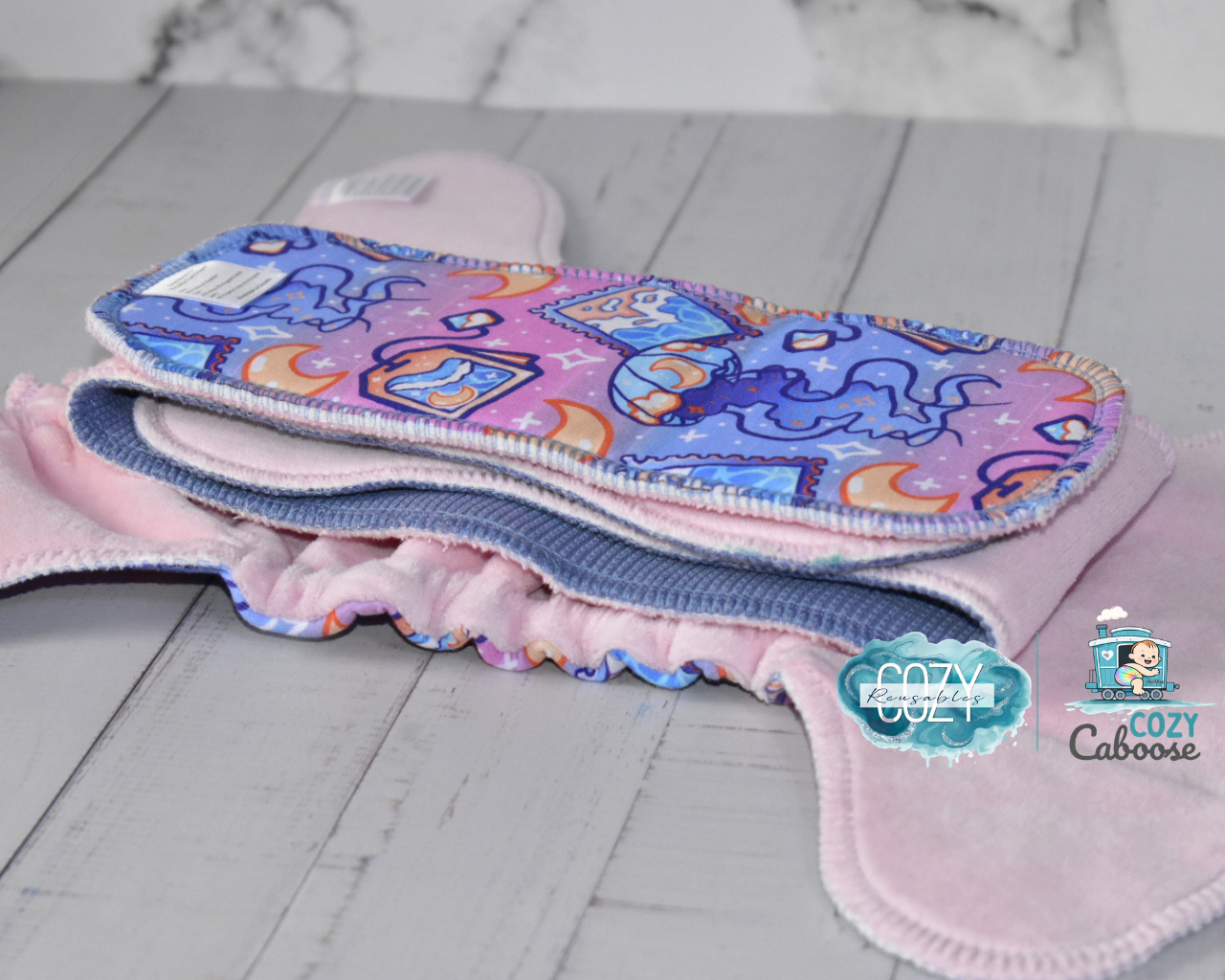 "Sunsoaked Wanderlust" Cozy Caboose Snapless Fitted Cloth Diaper • 3 Piece System • Fold Down Rise • Cotton Spandex Outer, Organic Cotton Velour Inner, Hemp Core
