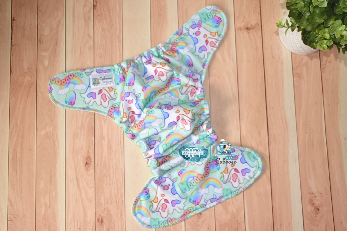 "Boo Cows" Cozy Caboose Snapless Fitted Cloth Diaper • 3 Piece System • Fold Down Rise • Cotton Spandex Outer, Organic Cotton Velour Inner, Hemp Core