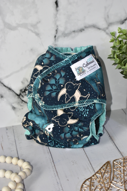 "Moonlit Meadow" Cozy Caboose Snapless Fitted Cloth Diaper • 3 Piece System • Fold Down Rise • Cotton Spandex Outer, Organic Cotton Velour Inner, Hemp Core