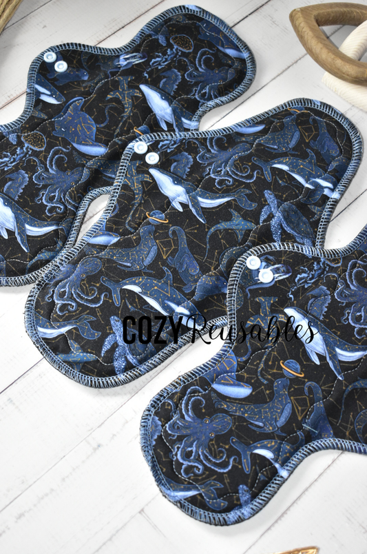 "Celestial Depths" Serged Cloth Pad •  Cotton Spandex Topper • Wavy Stitched Core