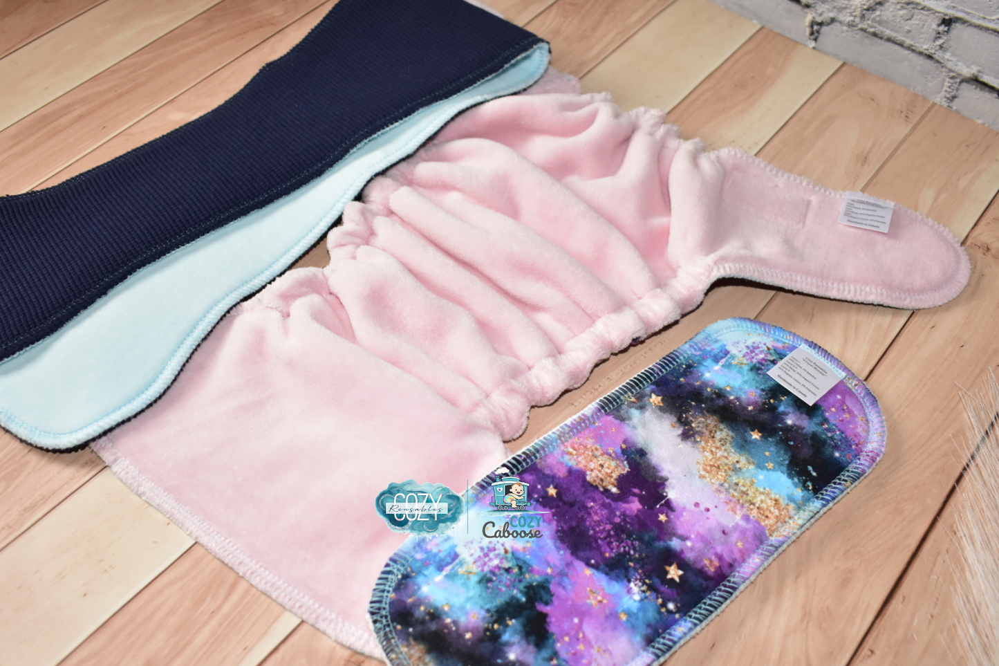 "Cosmic Nebula" Cozy Caboose Snapless Fitted Cloth Diaper • 3 Piece System • Fold Down Rise • Cotton Spandex Outer, Organic Cotton Velour Inner, Hemp Core
