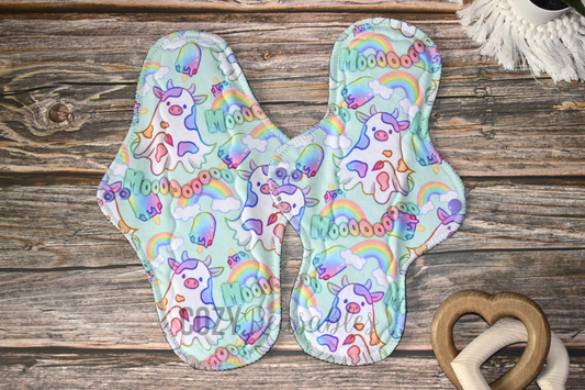 "Boo Cows" Serged Cloth Pad •  Cotton Spandex Topper • Wavy Stitched Core