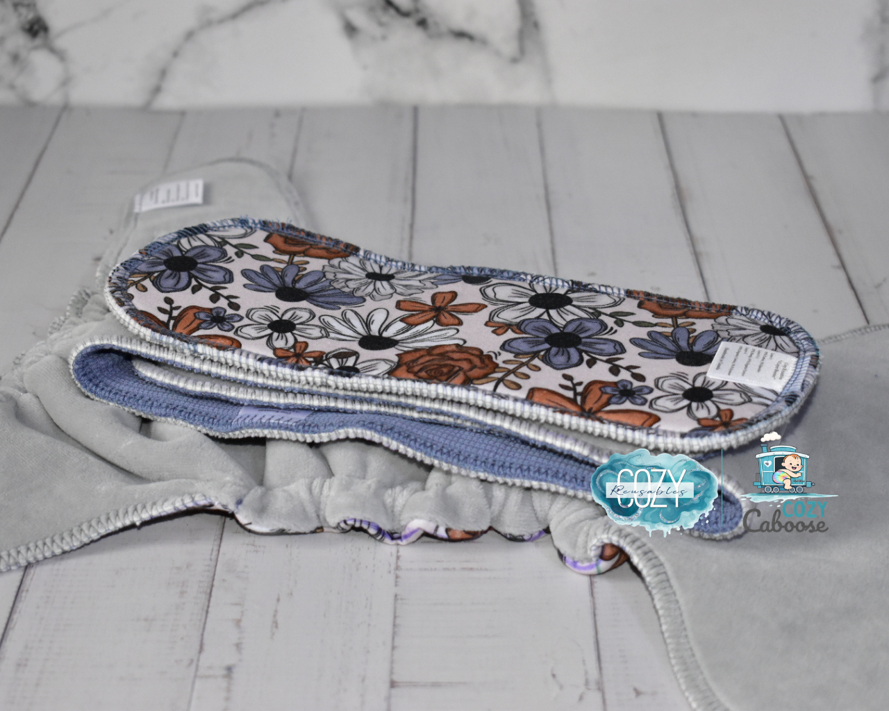 "Bronze Bloom" *Larger Fit* Option • Cozy Caboose Snapless Fitted Cloth Diaper • 3 Piece System • Fold Down Rise • Cotton Spandex Outer, Organic Cotton Velour Inner, Hemp Core