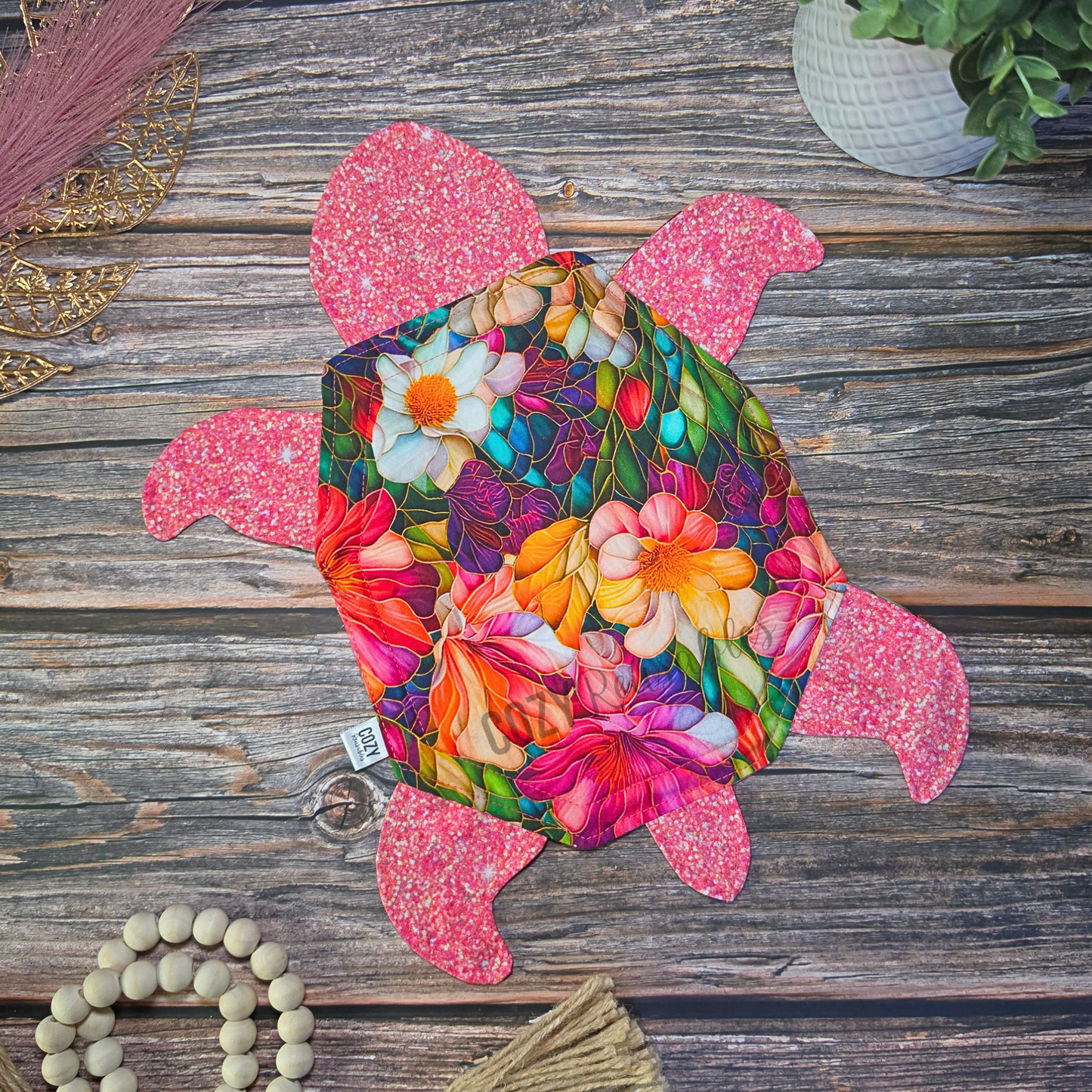 "Stained Glass Sparkle" Reusable Floor Turtle • Cotton & Zorb Spill Mat • Reversible Pattern