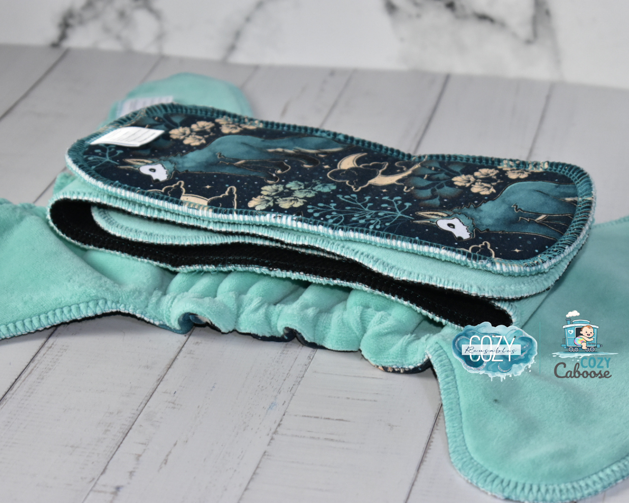 "Moonlit Meadow" Cozy Caboose Snapless Fitted Cloth Diaper • 3 Piece System • Fold Down Rise • Cotton Spandex Outer, Organic Cotton Velour Inner, Hemp Core