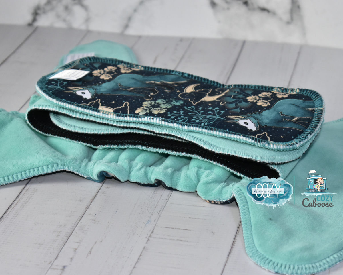 "Moonlit Meadow" Cozy Caboose Snapless Fitted Cloth Diaper • 3 Piece System • Fold Down Rise • Cotton Spandex Outer, Organic Cotton Velour Inner, Hemp Core