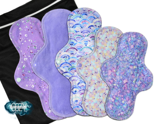 "Purple Dreams" Starter Cloth Pad Pack with Double Pocket Wetbag - *SLIM FIT & Regular Sizes* - Various Fabrics - Serged Cloth Pads